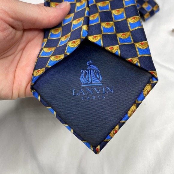 Vintage Lanvin Paris Blue with Half Sun Pink 100% Silk Tie - Picture 3 of 4